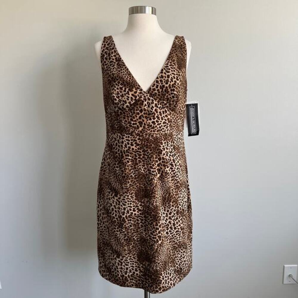 Jessica Howard Sheath Dress V-Neck Bow Back Leopard Print Sleeveless‎ 12 NWT